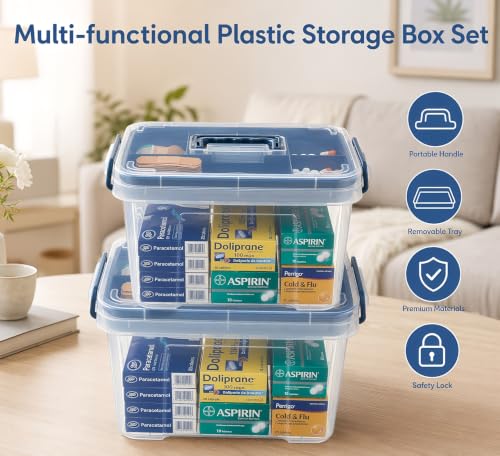 Caja de almacenamiento para medicamentos transparente Pulseplay, paquete de 2 unidades, gabinete portátil con bandeja y asa, caja plástica multifuncional para primeros auxilios, uso doméstico y viajes miniatura 3