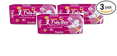 Tressec Ultra Soft & Dry, Fiber Free, 54 Odourless Sanitary Napkin/Pads (Extra Large, Pack of 3, 280mm, 18 Pad Wings in Each Pack), Leak Proof, Double Absorbant Core, Extra Comfortable, Stretchable with Sap Gel Wings Technology