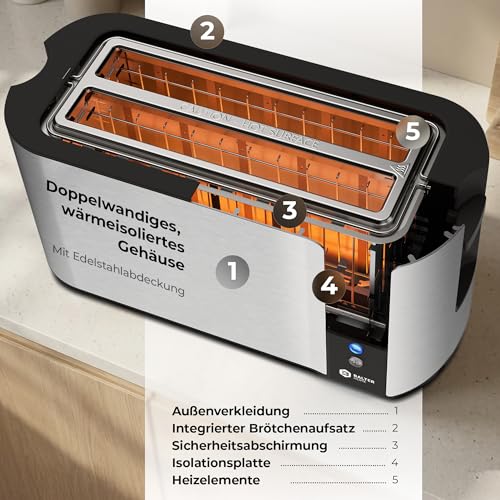 Foto von Balter Toaster 4 Scheiben, Langschlitz, Edelstahl, Brötchenaufsatz, LCD Display mit Restzeitanzeige, Auftaufunktion, Brotzentrierung, Krümelschublade, TS-04-LCD, Farbe: Silber