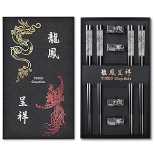 Bacchette in Metallo Riutilizzabili in Acciaio Inossidabile 18/8 Bacchette Cinese Drago e Phoenix Bacchette con Supporto Cinese Tradizionale Elegante Regalo Set (4 Paia) (Nero)