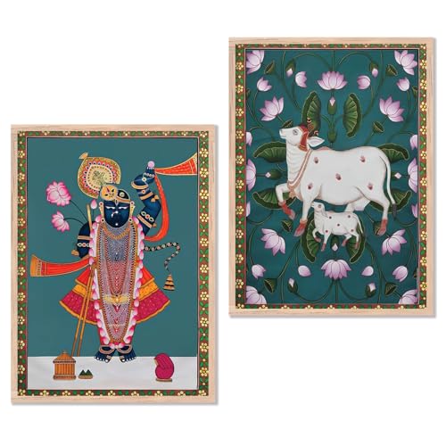 Image of kotart Traditional Indian Wall Art Painting Set of 2 | Kamdhenu Cow Design | MDF Wooden Framed Spiritual Wall Decor for Living Room, Pooja Room & Home (Art 8, 20x30 Inch)