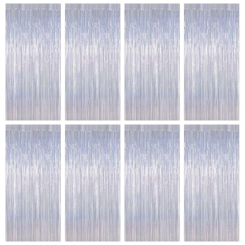Image of ZATAYE 8 Pack Glitter Silver New Years Eve Foil Curtain Decorations | Glitter Silver, Metallic Foil, 3.28 x 7.05 FT, Tinsel Backdrop, Foil Curtain Streamer, New Years Eve Party