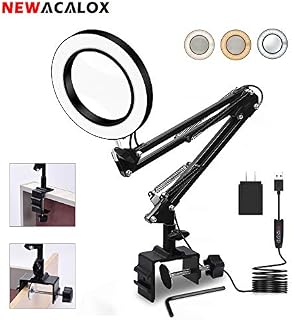 NEWACALOX Magnifier Desk Lamp with Large Magnifying Glass, USB 42 LED 3 Colors