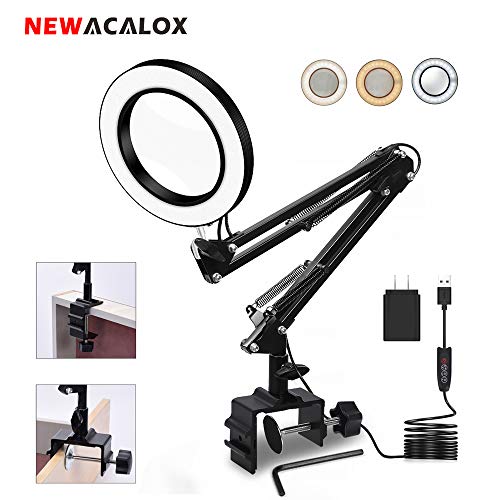 NEWACALOX Magnifier Desk Lamp with Large Magnifying Glass, USB 42 LED 3 Colors