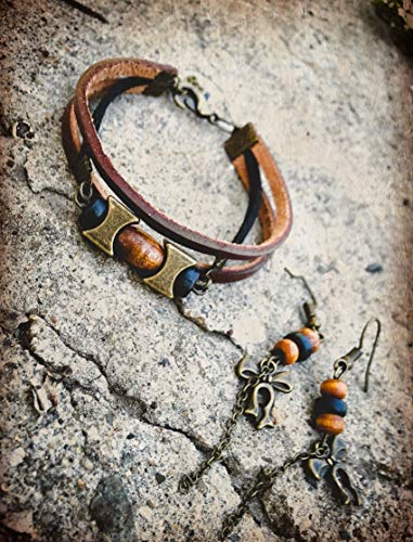 Brown Leather Bracelet for Women/Bracelet and Earrings Set/Multistrand Bracelet for Women/Beaded Women Bracelet/Charm Bracelet