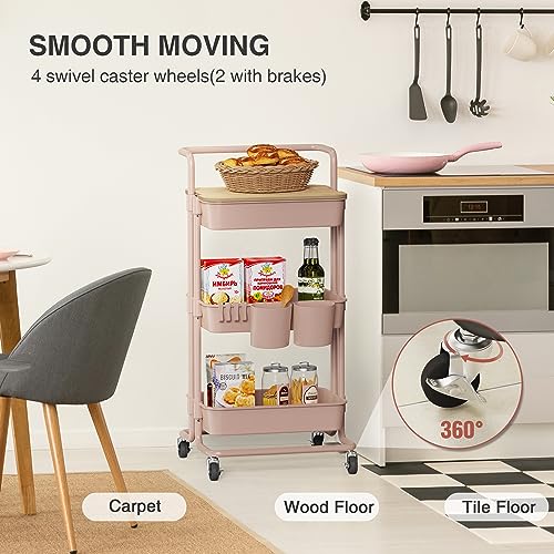 Image of DTK 3 Tier Rolling Utility Cart with Cover Top Board, Movable Kitchen Storage Cart Trolley with Lockable Wheels, Cups, Hooks for Kitchen Bathroom Home Office Art Craft Storage and Organization(Pink)