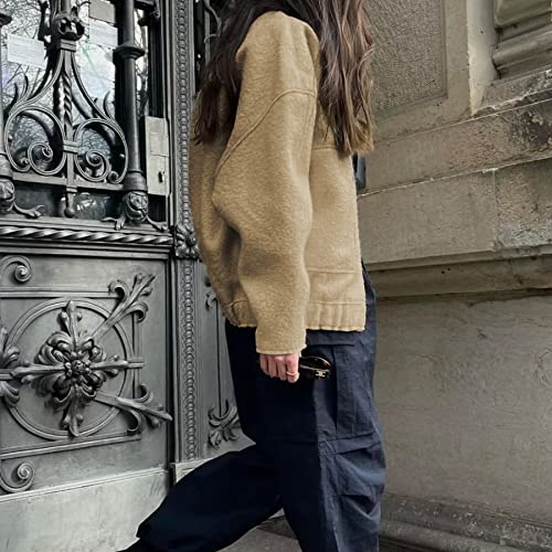 Ainangua Women's Casual Wool Blend Jacket Stand Collar Button Down Long Sleeve Bomber Shacket Jackets Outerwear(Khaki,L) #TOP3