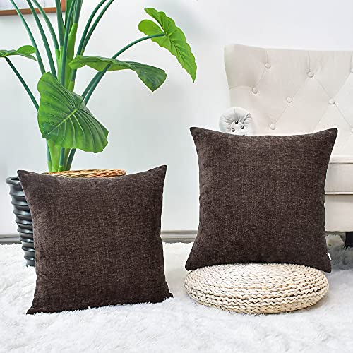 Image of CaliTime Pack of 2 Cozy Throw Pillow Covers Cases for Couch Sofa Home Decoration Solid Dyed Soft Chenille 12 X 12 Inches Coffee