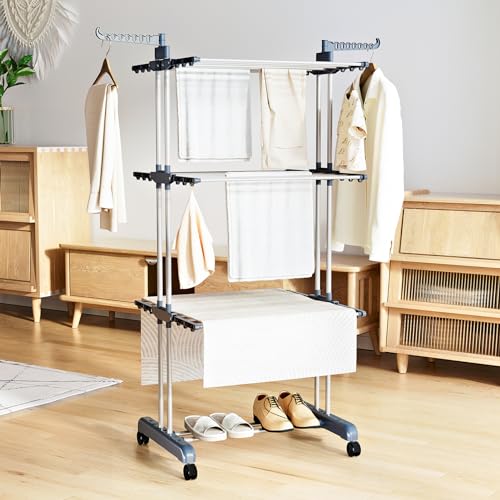 KingSaid Séchoir à Linge à roulettes réglable à 3 Niveaux avec Ailes rabattables Grand séchoir à Linge en Acier Inoxydable avec roulettes Convient pour Une Utilisation à l'extérieur et à l'intérieur – vue 2