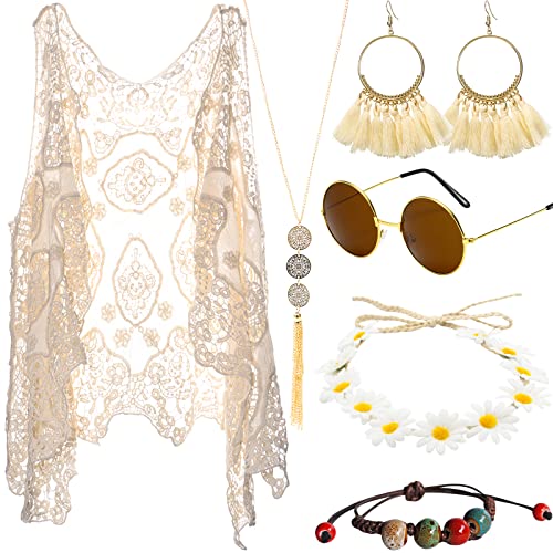 60s 70s Women Hippie Costume Set, Lace Crocheted Vest Daisy Headband Bohemian Earring Geometric Pendant Necklace Retro S
