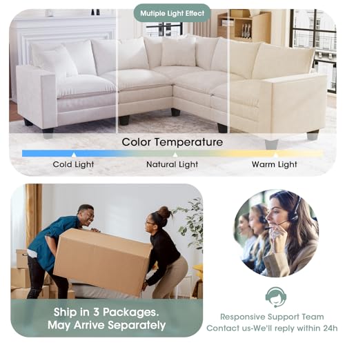 Image of 97 inch L Shaped Sectional Couch, Comfy Chenille Cloud Couch, 5 Seat Modular Cloud Sofa with 2 Pillows & Storage Armrests, Convertible V Shaped Corner Couch, Sectional Couches for Living Room, Beige
