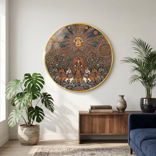 Image of SAF Surya Dev Round Wall Painting Traditional Folk Art PVC Golden Frame Sun God Chariot Horse Design Mandala Ethnic Wall Decor for Living Room Bedroom Home Office (20 x 20 Inch) GRL-388