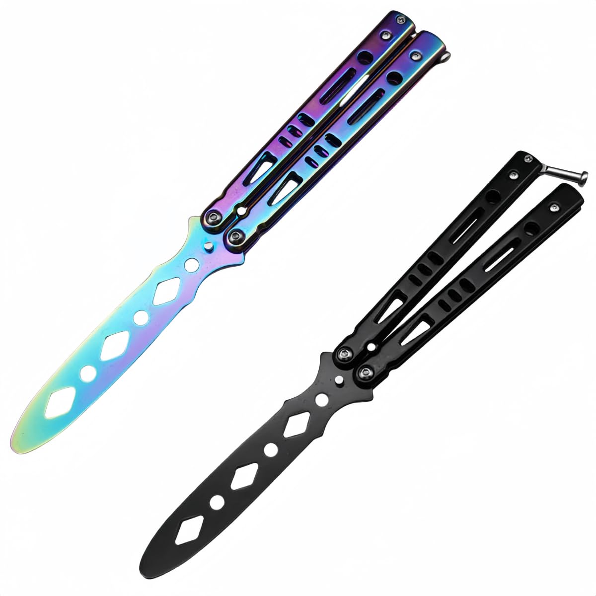 Lajiakoy® Butterfly Trainer 2 PCS, Butterfly Messer, Trainingsmesser Unbekannte Klinge, Stainless Steel Butterfly Kamm Practice Tool for Practicing Flipping Tricks(Schwarz, Bunt) (2 Stücke)
