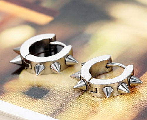 Flongo Men's Womens Punk Silver Stainless Steel Goth Rivet Awl Spike Huggies Piercing Hoop Earrings #TOP1
