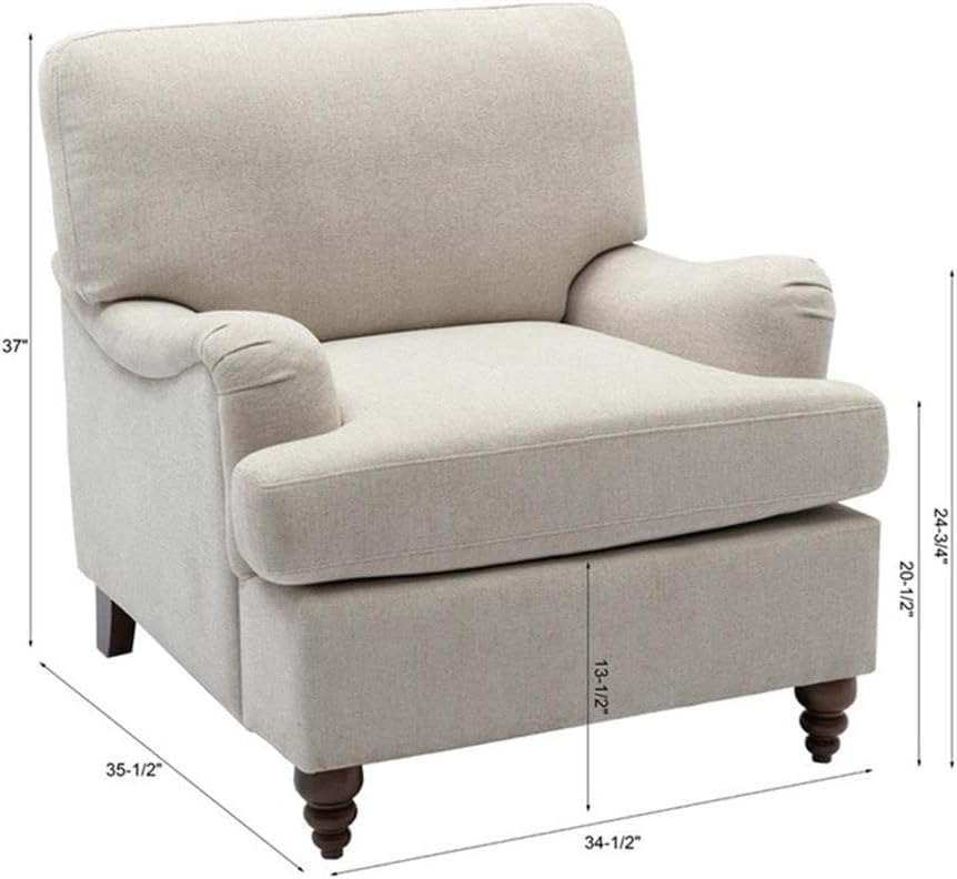 Pemberly Row Beige Fabric Upholstered Accent Chair and Ottoman, English Roll Arms, Reversible Seat Cushions, Turned Wood Legs with Walnut Finish, Compact Design for Living Room, Bedroom, or Office