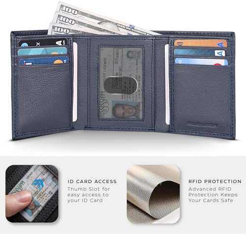 Image of Tri fold Leather Wallet for Men with RFID | Slim Wallets for Men with 1 ID and 6 Credit card slots | Front Pocket Minimalist