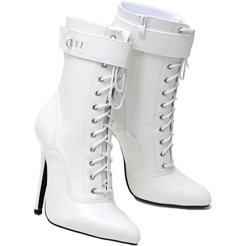 SKLKHO 14CM High Heel Ankle Boots, Pole Dancing Cospaly Shoes, Lockable & Side Zip, for Fetish, Gothic, Parties, Y2K, Nightlife,White,8