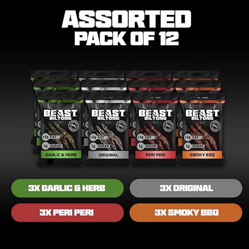 Beast Pharm | Biltong Beef Snacks 12 Pack, 24G Protein Per 40G Bag, 4 Assorted Flavours - 6