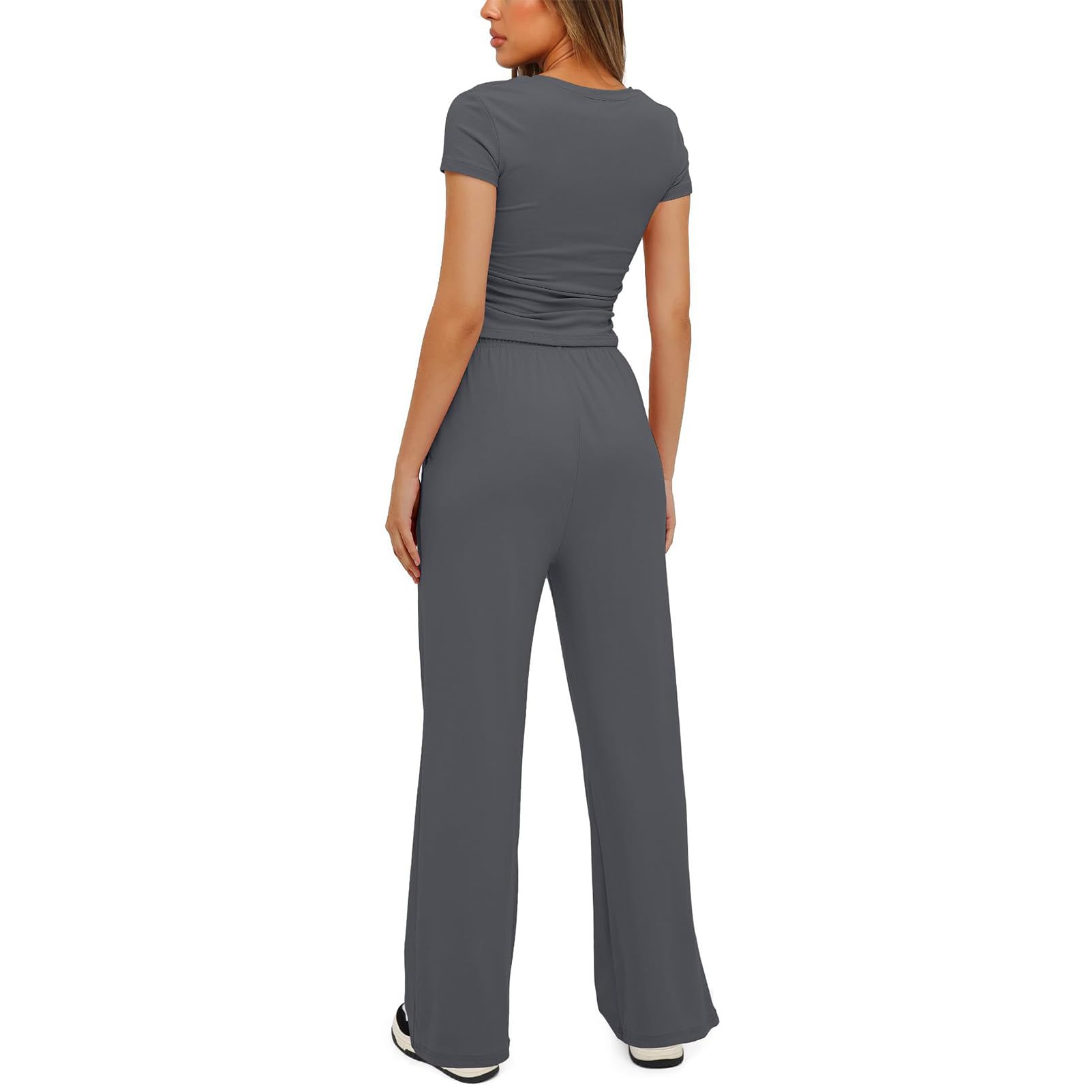 amropi Mujer Conjunto de 2 Piezas Manga Corta Camiseta Fruncida y Pantalones Anchos