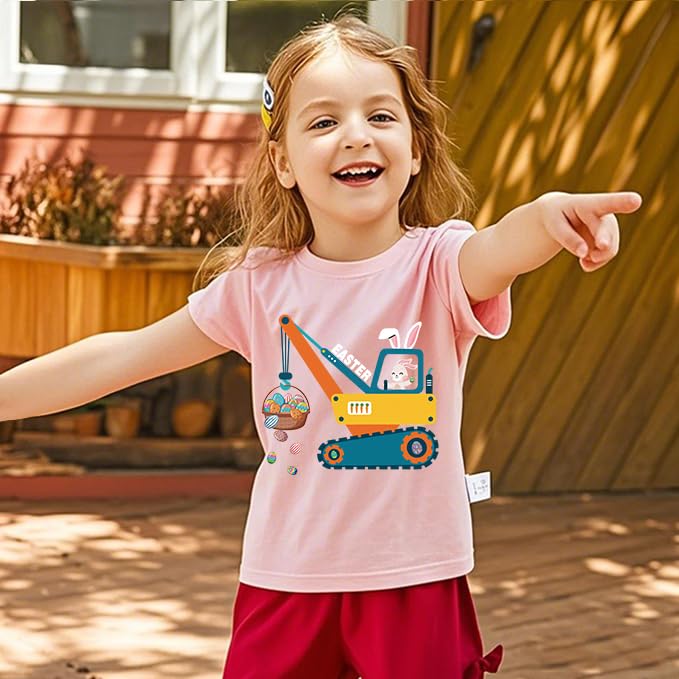 Image of CM-Kid Toddlers Happy Easter Shirts Girls Cotton Short Sleeve T-Shirt Children's Eggs Hunt Tees Kids Tees Pink Clothes 1-7 T