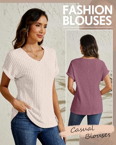 3 Pack Women Short Sleeve Sweaters 2025 Summer V Neck Tops Casual Shirts Loose Fit Lightweight Dressy Business2