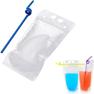 50pcs Drink Pouches Drink Container Set -Juice bag water wine bottle freezer bag Reclosable Zipper Pouches Bags Drinking Bags with Colorful Straws(Transparent)