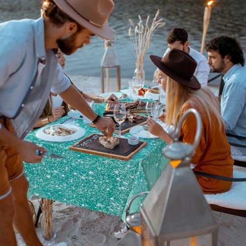 Image of Ganeen 3 Pcs Teal and Silver Tablecloths Glitter Sparkling Disposable Plastic Table Cover Sequin Printed Rectangle Tablecloths for Women Birthday Wedding Party Decor Supplies, 54 x 108 Inch