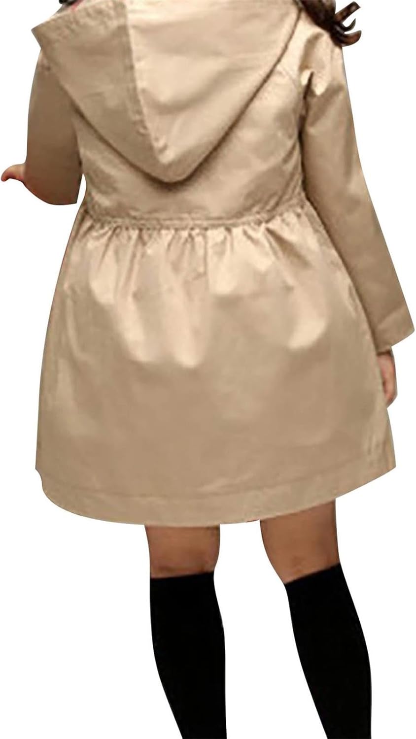 Kids Baby Girls Trench Coat Single Breasted Jacket Dress with Hooded Ruffle Waist Windbreaker Outwear for 3-10 Years