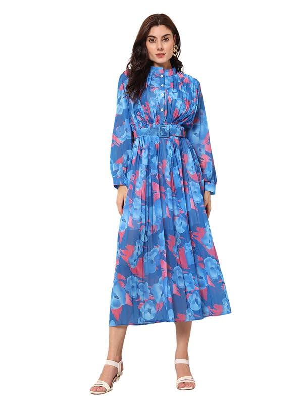 FIND STALK LOVESummer Frills Sheer crepe Printed Dress with Belt for women Short Sleeve Full-Length Fit & Flare Long Gown Dress for women | flare long dress | Long dress for women | Frills dress for women