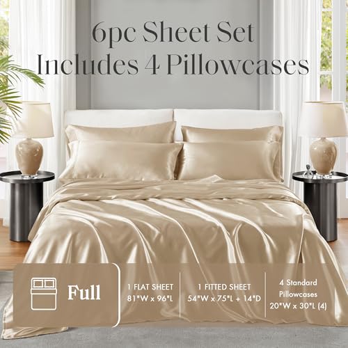 Image of Madison Park Essentials Satin Sheets Full Size Bed Set, 6 Piece, Champagne | Luxury and Smooth Silky Bedding with Natural Sheen, All Around Elastic 14 inch Pocket fits up to 16 inch Mattress, Year-Round Cozy