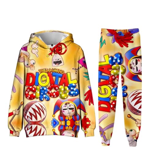 Unisex Kids Digital Circus Hoodie and Jogger Pants Yellow Multicolor Print Tracksuit Set