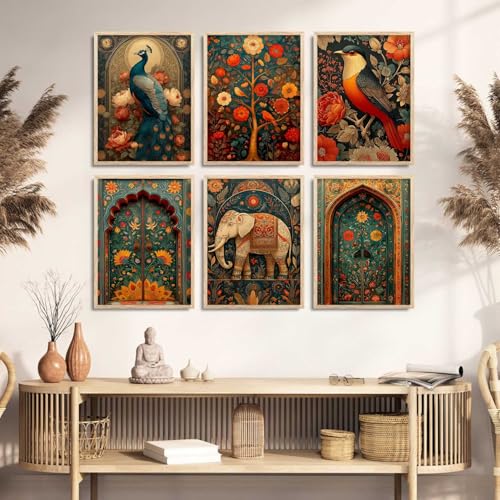 Image of kotart Madhubani Art Wall Painting Traditional Vastu Peacock Home Decoration With Frame For Living Room Bed Room Hotel Wall Decor Digital Reprint Set of 6 (10X13 inch)
