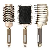 INTSUN 3Pcs Hair Brush Set - Boar Bristles Round Brush, Anti-static Paddle Brush, Vented Hair Brush...