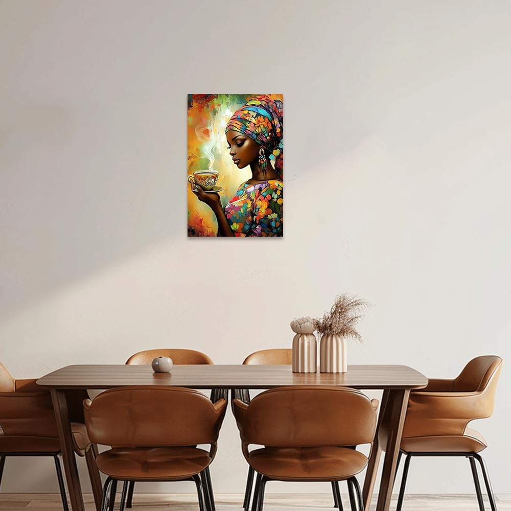 QIXIANG Black Girl Canvas Wall Art African American Picture Wall Decor Black Woman and Coffee Painting Prints Living Room Decor Framed(Brown,18L x 12W)