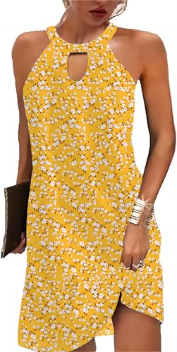 Image of BIRW Size XL Floral Yellow Women Summer Over The Knee Dress Casual Floral Print Hollow Out Halter Neck Sundresses for Beach Vacation Holiday