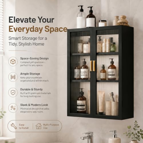Image of Bathroom Storage Cabinet | Bathroom Accessories Set, Washroom Organiser Cabinet | 3 Layer, Space Saving Carbon Steel Shelf, Black, 40 Cm, Pack of 1
