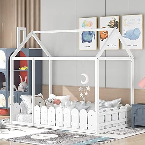Tensun Montessori Bed for Toddlers Twin Size, Montessori Floor Bed for Kids with Pine Wood Roof and Fence, Suitable for Young Children, Children, and Adolescents, Easy to Assemble, White Cover