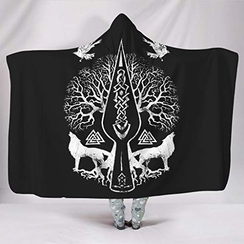 Gungnir Spear of Odin Tree of Life Two Raven Wolf Valknut Artwork Print Hooded Blankets Novelty Soft Warm Winter Plush Sherpa Shawl Wrap for Women Men Child Lounging Couch Bedding white 60x80 inch