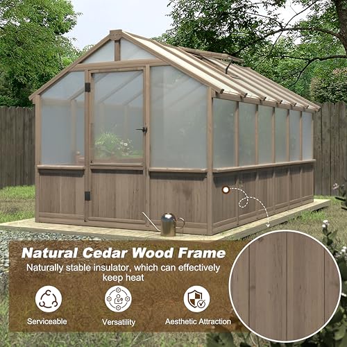 Image of MUPATER 8' x 12' Outdoors Walk-in Greenhouse, Wood Greenhouse with Ventilated Window and Lockable Door, 6mm Polycarbonate Panels for UV Protection and Heat Insulation,Suitable for Patio, Backyard