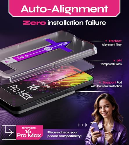 Image of Defenslim Screen Protector for iPhone 16 Pro Max (2Pack), Easy Auto-Align Install Kit, 6.9 inch Tempered Glass, 9H Hardness, Ultra HD Clear, Case Friendly, EasyShield
