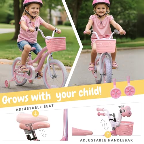 Image of Girls Bike for Kids Ages 2-5 Years, 12 14 16 Inch Kids Bike with Training Wheels, Basket & Streamers, Pink Little Girls Bicycle with Coaster Brake, Birthday Gift