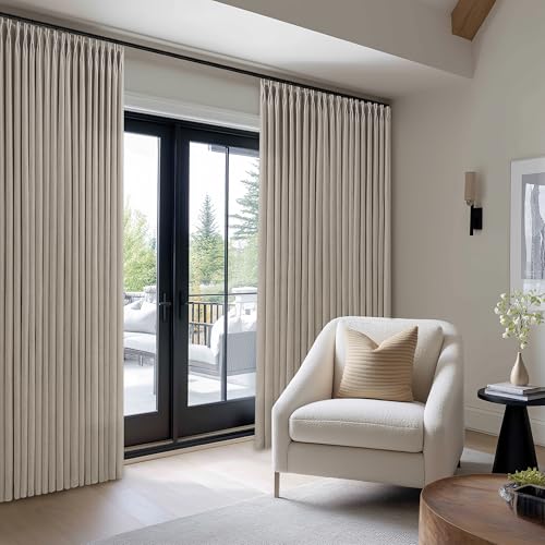Image of 70 Inch Width Taupe Curtains 90 Inches Long Linen Pinch Pleated | 90 Inch Length, Living Room Bedroom, Semi Sheer, Back Tab, Hooks Rings, Pinch Pleat, Patio Glass Door, Burlywood Birch