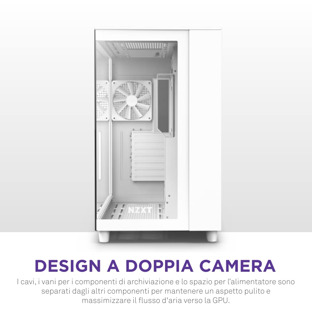 NZXT H9 Flow Case per PC gaming mid-tower ATX a doppia camera, Pannello superiore forato per un elevato ricircolo dell'aria, Pannello frontale e laterale in vetro temperato, Bianco, CM-H91FW-01