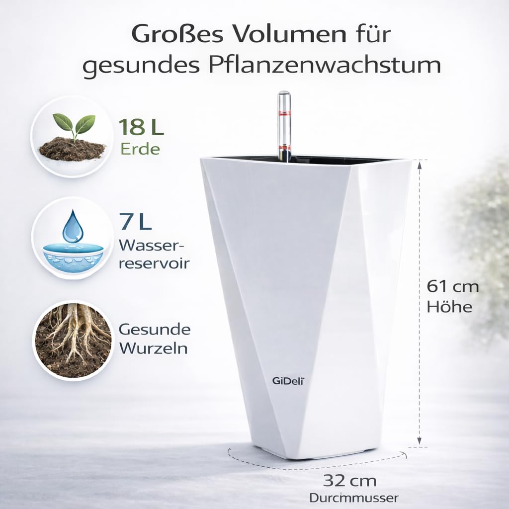 GiDeli Vaso da fiori autoirrigante – Vaso autoirrigante con indicatore del livello dell'acqua – Vaso per fiori che protegge da trabocco e marciume – Vaso per piante risparmiando tempo