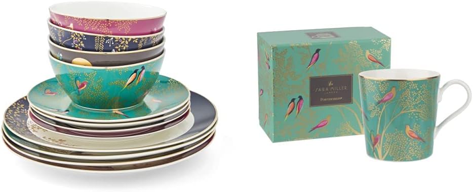 Sara Miller SMC79243-XD London Chelsea Collection 12 Piece Tableware Set, Porcelain, Gold,White & Sara Miller SMCG78914-XG Portmeirion Chelsea Mug - Dark Green, 120 Count (Pack of 1)