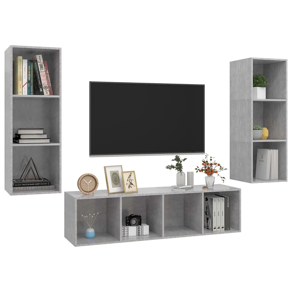 Juego de 3 armarios colgantes para TV, madera gris hormigón, moderno centro multimedia para sala de estar, consola de TV versátil, elegante mobiliario de entretenimiento