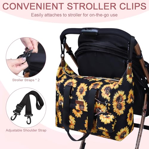 Image of Pritent Diaper Bag Tote - Diaper Baby Bags with Pacifier Case, Shoulder Straps, Stroller Clips, Waterproof Large Mommy Bag Maternity Bag Travel Baby Bag for Mom and Dad, Sunflower