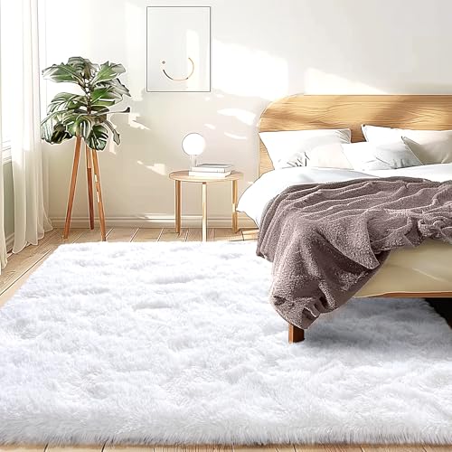 Fluffy 4x6 Area Rug–1.4" High-Pile Plush Carpet, Fuzzy Nursery Rugs for Bedroom, Soft Throw Rug for Living Room–White