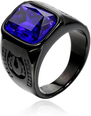 Mens Vintage Stainless Steel Square Gemstone Signet Ring Cool Agate Crystal Wedding Band Statement Biker Rings