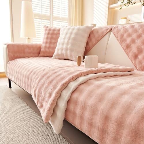 tianxinbaobei Velvet Couch Covers for Sofa, Plush Warm Sectional Sofa Covers Washable for 2-3 Cushion Couch,Non-slip L Shaped Slipcover Sofa Covers for Pet Dog Furniture Protector(1PC,Pink,35x71)